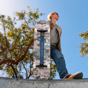 Rosa och Grått-kamouflage Ditt namn anpassar sig Mini Skateboard Bräda 18,5 Cm