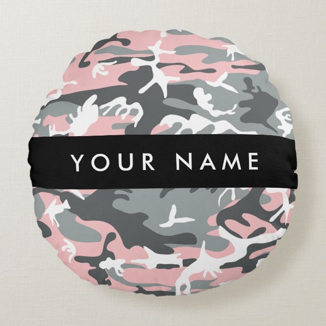 Rosa och Grått-kamouflage Ditt namn anpassar sig Rund Kudde (Framsidan)