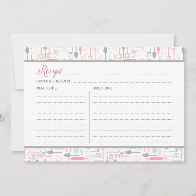 Rosa- och Grått Kitchen Verktyg Recept Card (Framsida)