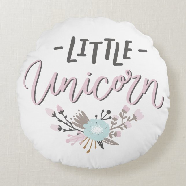 Rosa och Grått Little Unicorn Hand Lettered Blommi Rund Kudde (Framsidan)