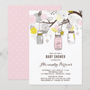 Rosa och Grått Mason Burk och Flowers Baby Shower Inbjudningar