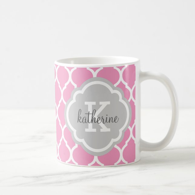 Rosa och Grått Moroccan Quatrefoil Monogram Kaffemugg (Höger)