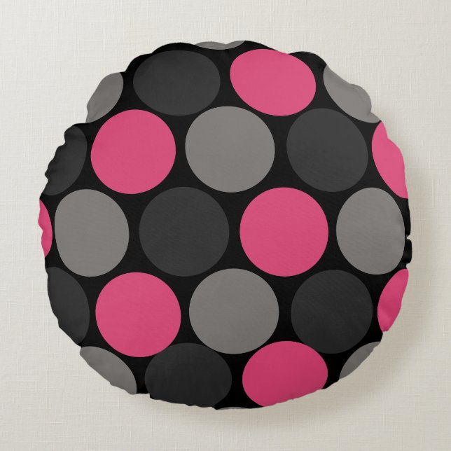 Rosa och Grått Polika Dot Rund Kudde (Framsidan)