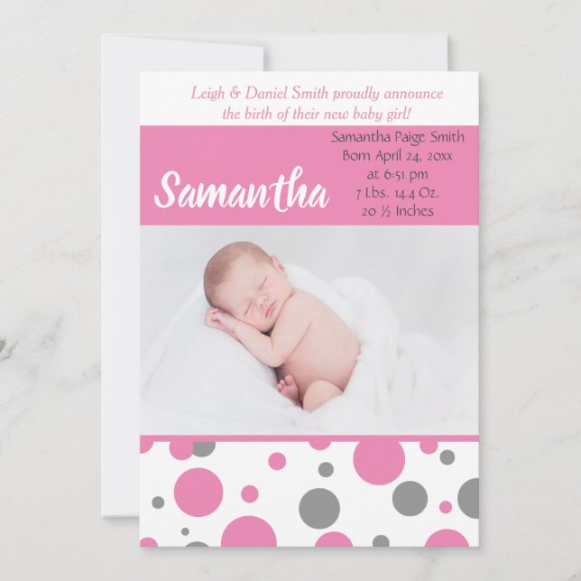 Rosa och Grått Polka dots | Flicka Fotofödelse Meddelande (Framsida)