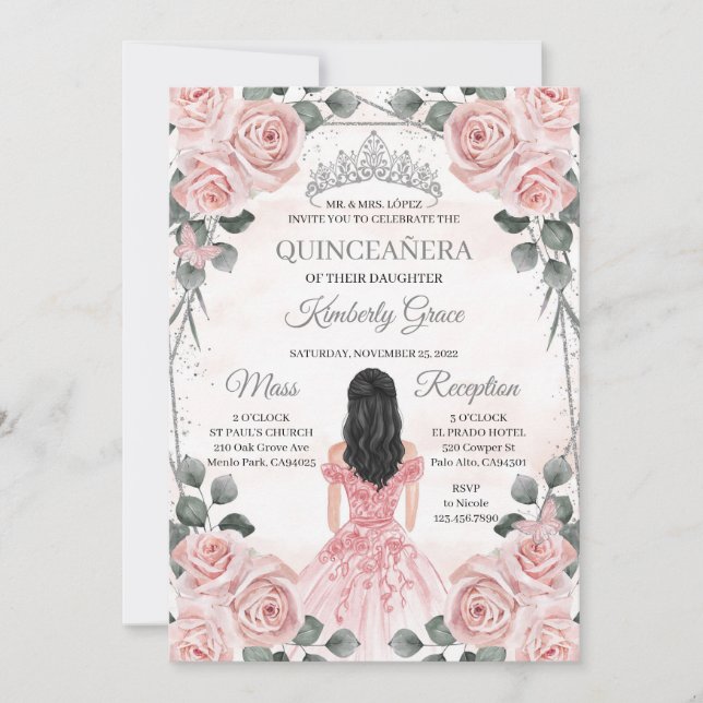 Rosa och Grått Princess Quinceanera Birthday Inbjudningar (Framsida)