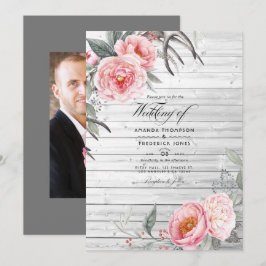 Rosa och grått rustikt bohemiskt blommande bröllop inbjudningar