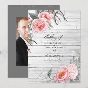 Rosa och grått rustikt bohemiskt blommande bröllop inbjudningar