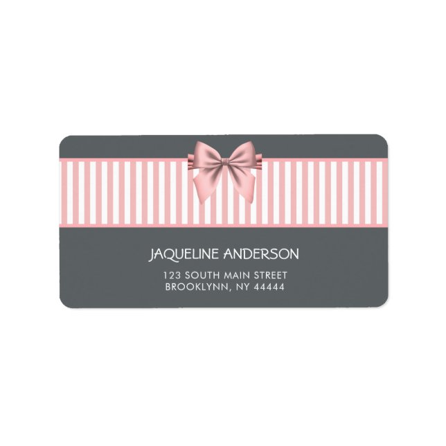 Rosa- och Grått-stripe Bow Baby Shower Adressetikett (Framsidan)