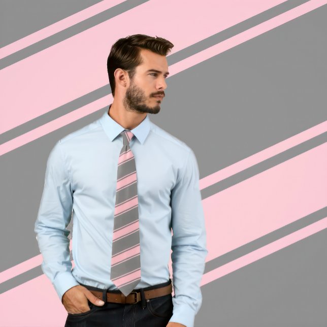 Rosa och Grått Tjock och tunn diagonal Rand Tips Slips (Man wears a Pink & Grey Thick and Thin Diagonal Stripes Tie
)