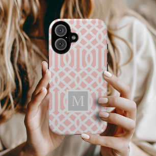 Rosa och Grått Trellis Monogram Redigerbar Färg