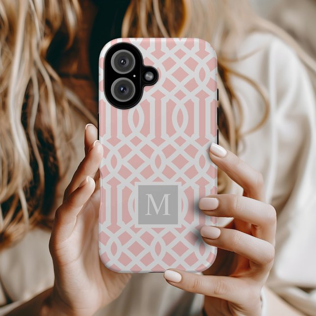 Rosa och Grått Trellis Monogram | Redigerbar Färg (Skapare uppladdad)