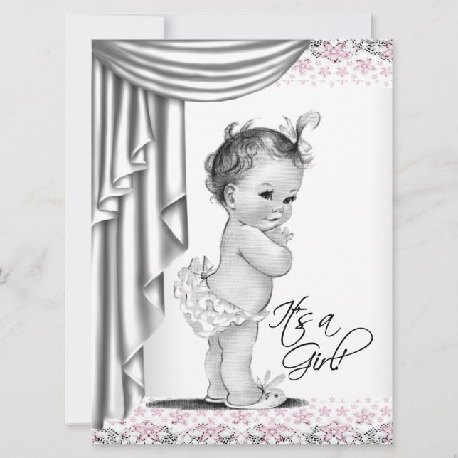 Rosa och Grått Vintage Flicka Shower Inbjudningar (Framsida)