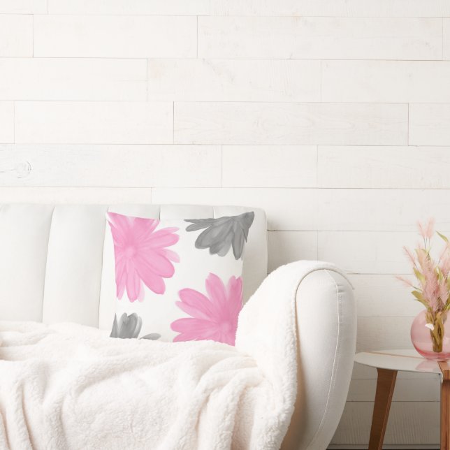 Rosa och Grått Watercolor Flowers Kudde (Soffa)