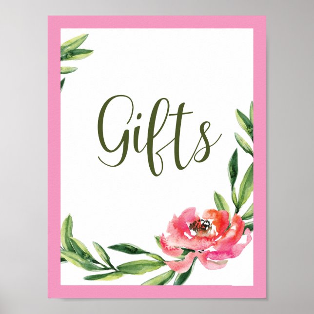 Rosa och grön akvarell blommig present-skylt poster (Framsidan)