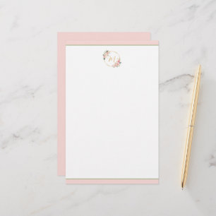 Rosa och grön akvarell blomsterkrans monogram brevpapper