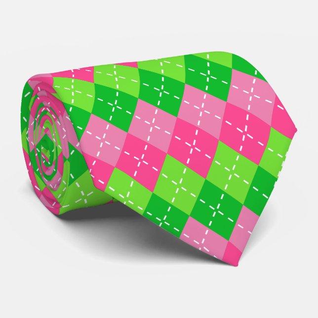 Rosa och grön Argyle med vit sömnad Slips (Rullad)