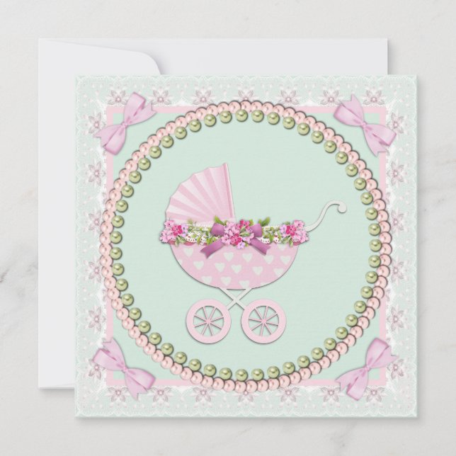 Rosa och grön baby shower inbjudningar (Framsida)