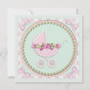 Rosa och grön baby shower inbjudningar