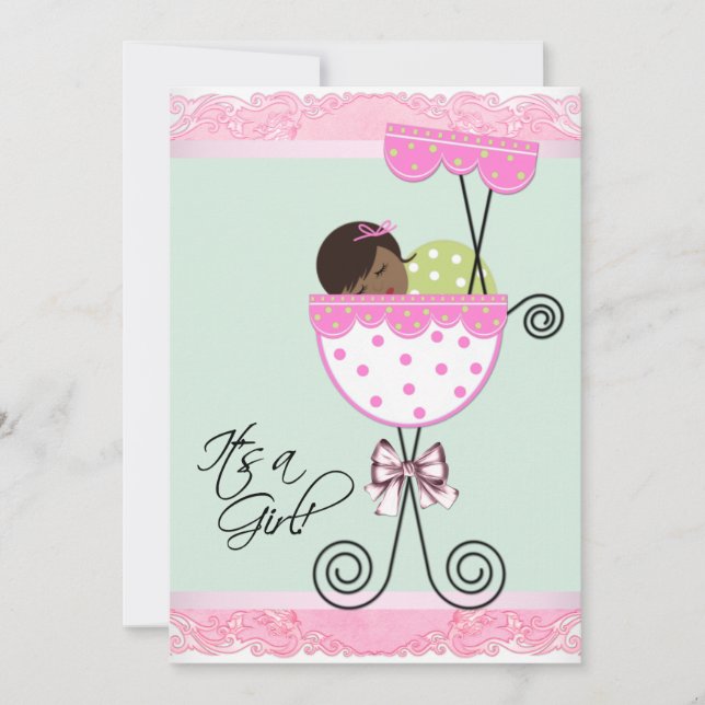 Rosa och grön baby shower inbjudningar (Framsida)