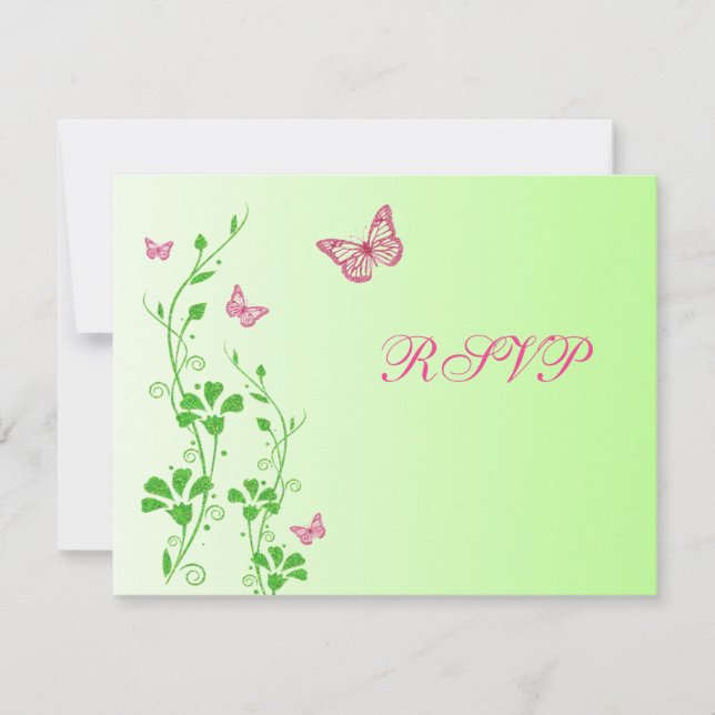 Rosa och grön blomster med Fjärilar Svarskort Inbjudningar (Framsida)