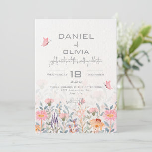 Rosa och grön blomsterfjärilbröllop inbjudningar