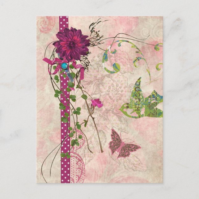 Rosa och grön blomsterrik Bella-design Vykort (Framsida)