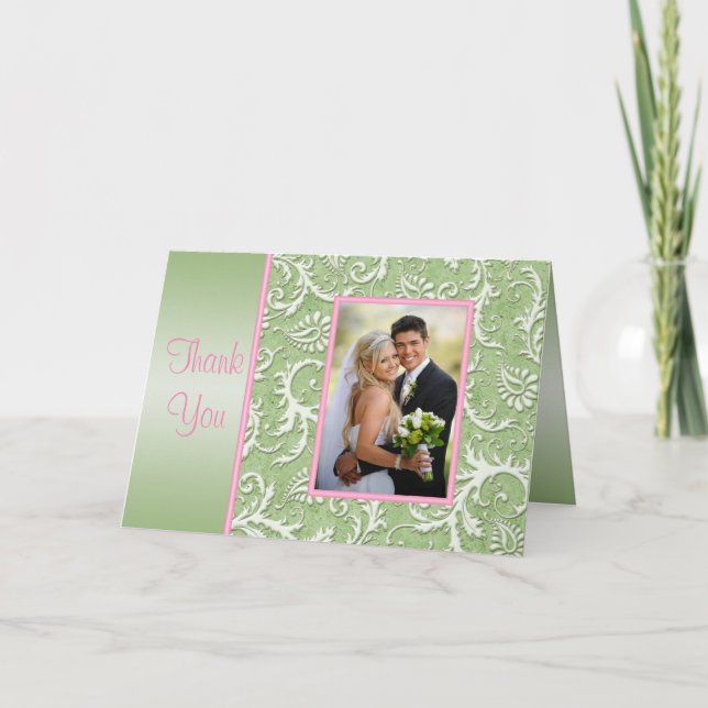 Rosa och grön Damaskus Tacksamhetskort med Foto Tack Kort (Framsida)