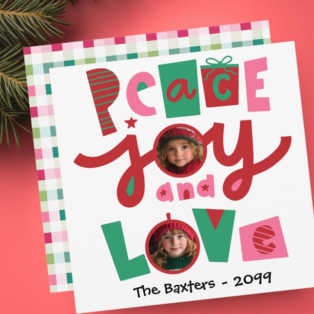 Rosa och Grön Fred & Kärlek Julhälsningskort Julkort (Retro Pink and Green Peace and Love Christmas Greeting Card)