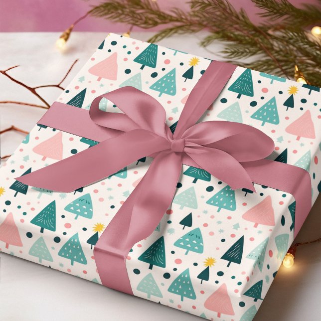 Rosa och grön julgransmönster presentpapper (Skapare uppladdad)
