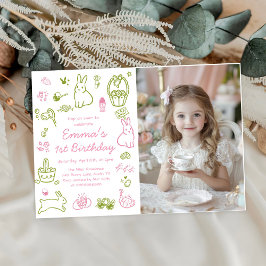 Rosa och grön påsk 1-års födelsedagsfoto inbjudningar