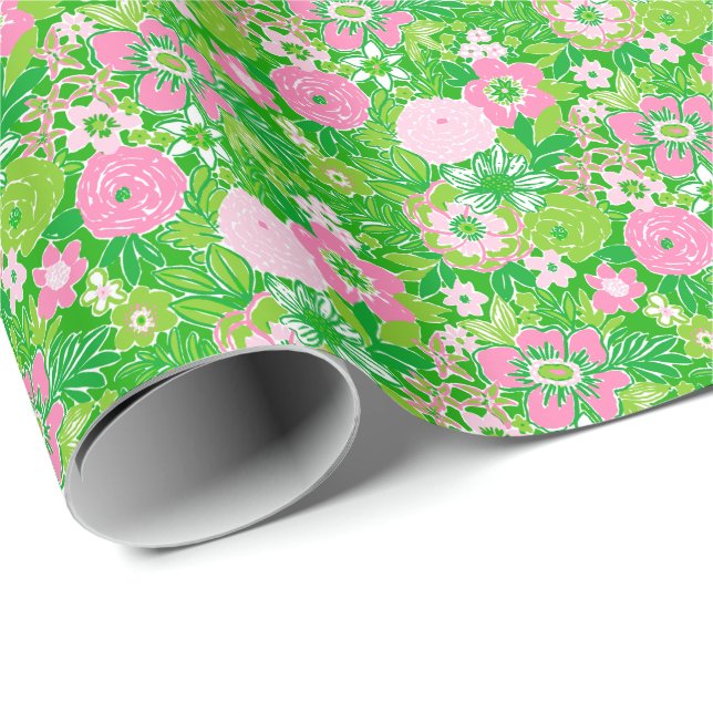 Rosa och grön Preppy Palm Beach Blommig Presentpapper (Rullad Hörn)