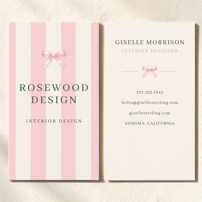 Rosa och grön randig Preppy Bow Inredningsdesign Visitkort (Skapare uppladdad)
