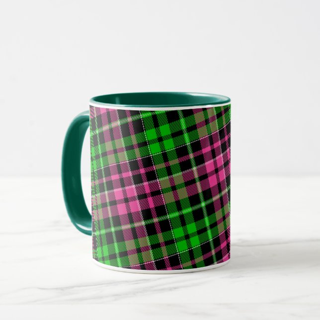Rosa och grön rutig tartan svart  mugg (Framsida vänster)