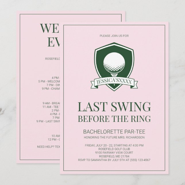 Rosa och grön sista svingen golf möhippa inbjudningar (Fram/baksida)