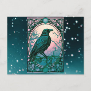 Rosa och grön svart fågel Celestial Halloween Helg Vykort