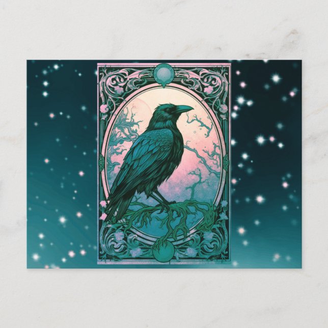 Rosa och grön svart fågel Celestial Halloween Helg Vykort (Framsida)