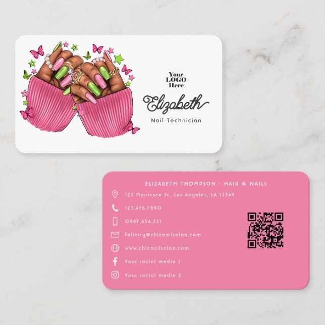 Rosa och grön systerskap Nagelsalongvarumärke Visitkort (Fram/baksida)