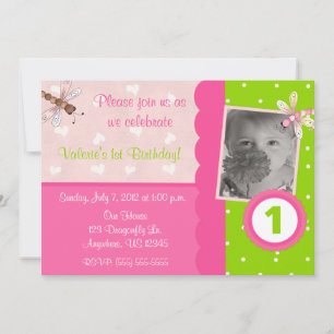 Rosa och grön Trollslända Flickor Födelsedagsinbju Inbjudningar