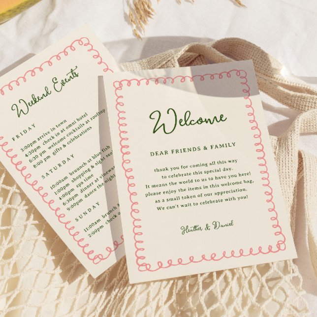 Rosa och grön välkomstbrev Tidsschema Itinerary Inbjudningar (Skapare uppladdad)