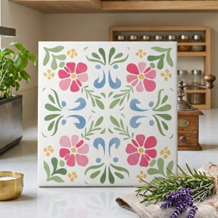Rosa och grön våräng blomsterdekoration kakelplatta