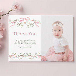 Rosa och grön vårträdgård 1-års födelsedagsfoto tack kort