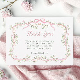 Rosa och grön vårträdgård baby shower tack kort