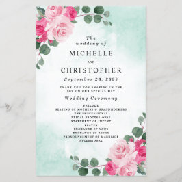 Rosa och gröna blomsterbröllopsprogram med akvarel