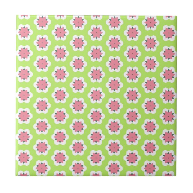 Rosa och gröna geometriska blommönster kakelplatta (Framsidan)