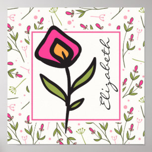 Rosa och gröna långskaftade vildblommor Personliga Poster