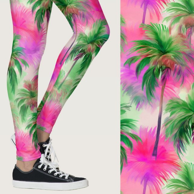 Rosa och gröna palmer Tropiskt mönster Leggings (Skapare uppladdad)