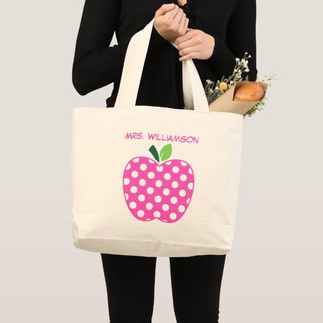 Rosa och gröna prickiga lärareäpple jumbo tygkasse (Framsida (produkt))