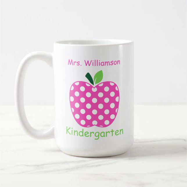 Rosa och gröna prickiga lärareäpple kaffemugg (Vänster)