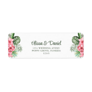 Rosa och Gröna Tropiska Blommor Returadress Etikett