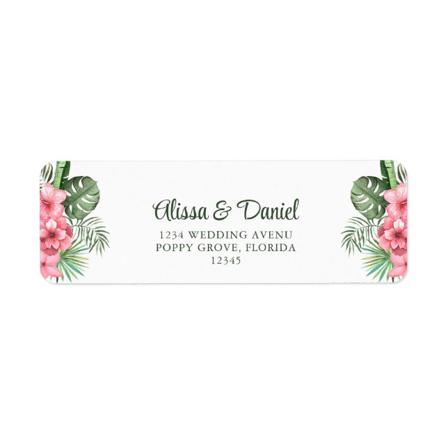 Rosa och Gröna Tropiska Blommor Returadress Etikett (Framsidan)